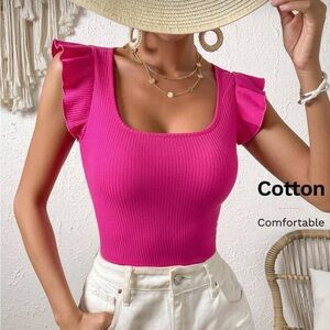 Pink Ruffled Sleeve Ribbed Top
